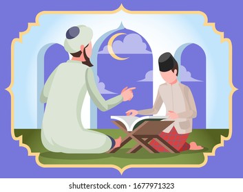 Flat Vector Illustration Representing A Muslim Boy Learning Koran with Grand Master at Mosque During Ramadan