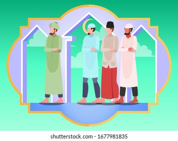 Flat Vector Illustration Representing Muslim Men in Various Muslim Clothes Praying in Congregation in Mosque During Ramadan