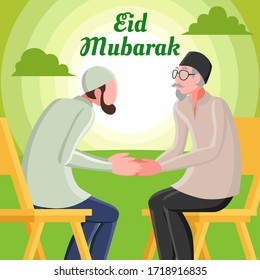 Flat Vector Illustration Representing A Muslim Man Shaking Hands with Father for Forgiving on Islamic Feast Day Mubarak