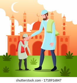 Flat Vector Illustration Representing A Muslim Man Shaking Hands with His Son for Forgiveness on Feast Day Mubarak
