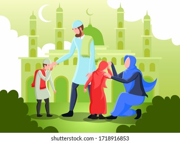 Flat Vector Illustration Representing A Muslim Parents Shaking Hands with Their Children for Forgiveness on Feast Day Mubarak