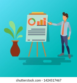 Flat Vector Illustration Representing An Office Employee is Presenting a Chart Using a Presentation Board and Pointer stick