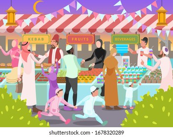 Flat Vector Illustration Representing Ramadan Market for Breakfasting with Many Sellers and Buyers Muslim Men and Women 2