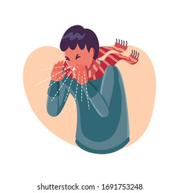 Flat Vector Illustration Representing Sneezing Person As A Symptom of Corona Virus