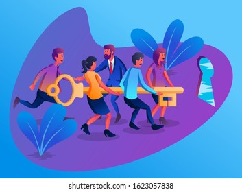 Flat Vector Illustration Representing Some Employees with a Leader Working Together to Raise a Key to Open the Door of Success