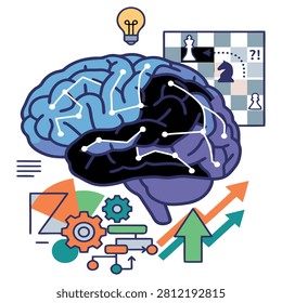 A flat vector illustration representing strategic thinking, cognitive processes, and analytical problem solving featuring a human brain connected to chess moves, lightbulb ideas, and business growth charts.