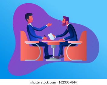 Flat Vector Illustration Representing Two Businessmen Consulting and Facing Each Other, Sitting on Couch and a Table Between Them