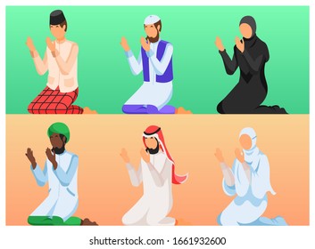 Flat Vector Illustration Representing Various Worldwide Muslim Hand Praying Dresses Icons Showing Muslim Brotherhood