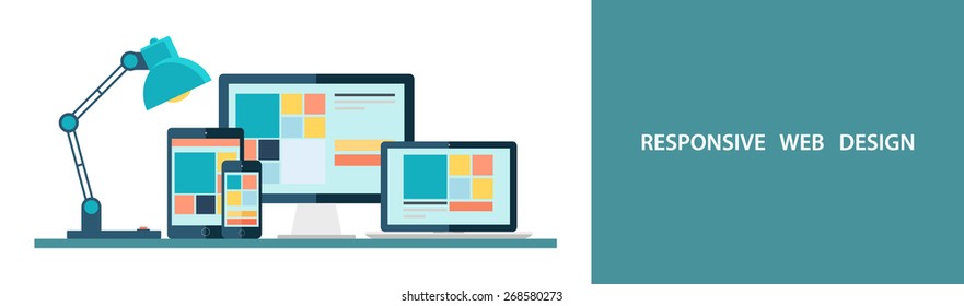 Flat vector illustration of responsive web design as seen on desktop monitor, laptop, tablet and smartphone.