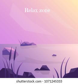 Flat vector illustration. Rest at the lake. Relax background. Low poly. Vector illustration for design. Delicate lake background for web design, computer, phone, mobile applications and screensavers.