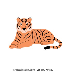 Flat vector illustration of a resting tiger with orange fur, black stripes, and a calm expression. Clean, minimalist design perfect for wildlife, safari, or educational themes. Vector illustration