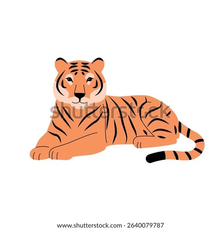 Flat vector illustration of a resting tiger with orange fur, black stripes, and a calm expression. Clean, minimalist design perfect for wildlife, safari, or educational themes. Vector illustration