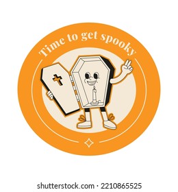 Ilustración vectorial plana con un carácter retro de 70. Carácter espeluznante y gracioso de un ataúd. Concepto de pegatina groovy de halloween.