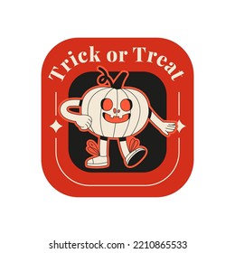 Flat vector illustration with a retro 70s character. Creepy funny pumpkin. Concept of groovy halloween sticker.