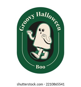 Flat vector illustration with a retro 70s character. Spooky funny ghost. Concept of groovy halloween sticker.