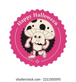 Flat vector illustration with a retro 70s character. Spooky funny character of a mushroom. Concept of groovy halloween sticker.
