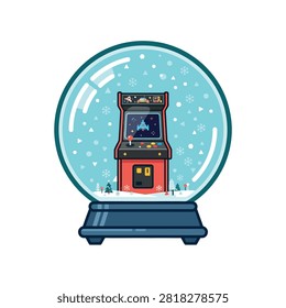 A flat vector illustration of a retro arcade cabinet inside a snowy winter globe.