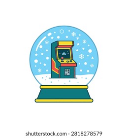 A flat vector illustration of a retro arcade cabinet inside a festive winter snow globe.