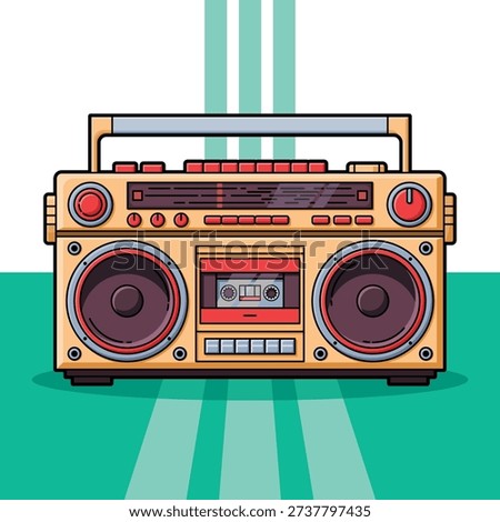 Flat vector illustration of a retro boombox cassette player. Vintage portable stereo symbolizing 80s music culture, street style, hip hop era and nostalgic audio technology concepts.