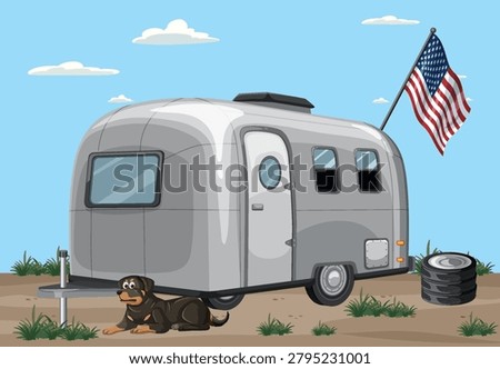 Flat vector illustration of a retro camper with a dog and American flag outdoors.