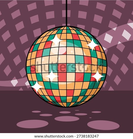 Flat vector illustration of a retro disco ball with sparkling reflections. Ideal for party, nightclub, 70s music, disco theme events and dance floor celebration concepts.