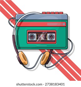 Flat vector illustration of a retro portable cassette player with headphones. Nostalgic 80s and 90s music device symbolizing analog audio, personal listening and vintage technology.