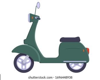 Flat vector illustration: retro scooter, side view. Moped for delivery, scooter for tourism. Economical and environmentally friendly city transport.