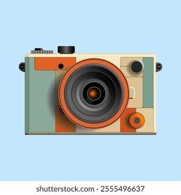 Flat vector illustration of a retro-style modern camera with a detailed lens and vibrant geometric design. Perfect for photography, branding, and creative projects.