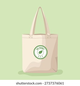 Flat vector illustration of a reusable eco-friendly cloth bag with a green leaf badge, representing sustainability and zero waste lifestyle