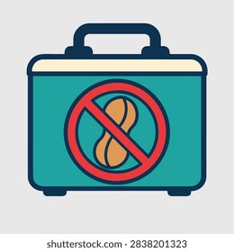 Flat vector illustration of a reusable lunch box displaying a crossed-out peanut symbol. Food safety concept representing peanut allergy awareness, nut-free meals, allergen restrictions, school lunch protection, and prevention of allergic reactions.