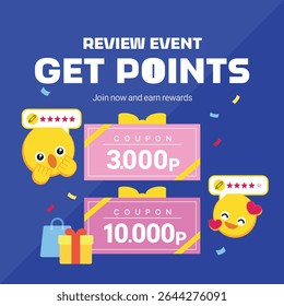 Flat vector illustration for review event promotion banner featuring emoji characters, gift coupons, reward points, and colorful shopping benefits