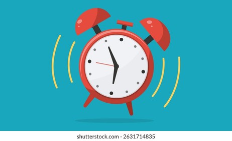 Flat Vector Illustration of a Ringing Red Alarm Clock on Blue Background