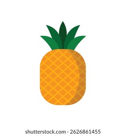 Flat vector illustration of a ripe pineapple with green spiky leaves and a textured yellow body on white background.