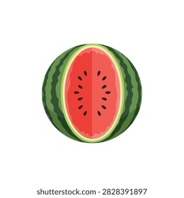Flat Vector Illustration of a Ripe Sliced Watermelon with Red Pulp and Seeds on White Background