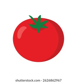 Flat vector illustration of a ripe tomato with green leaves, ideal for healthy food projects, recipe designs, and packaging.