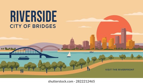 A flat vector illustration of the Riverside city skyline with bridges, a river, a park with people, and a sunset background. Travel and tourism concept.
