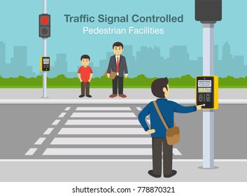 Flat vector illustration of road crossing with a traffic light. Traffic signal controlled pedestrian facilities.