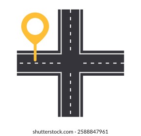 Flat vector illustration of a road intersection with a yellow location pin on the left side. The design represents navigation, GPS, and mapping concepts on a white background