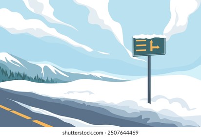 A flat vector illustration of a road sign in a snowy winter landscape with mountains in the background. Suitable for travel, winter, or outdoor-themed designs.