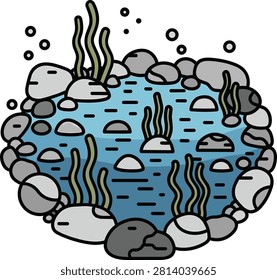 Flat Vector Illustration of a Rock Pond with Seaweed and Bubbles