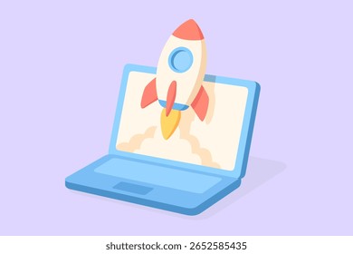 Flat vector illustration of rocket launching from laptop screen on soft blue background. Represents startup, innovation, and fast digital growth in a clean, minimalist design