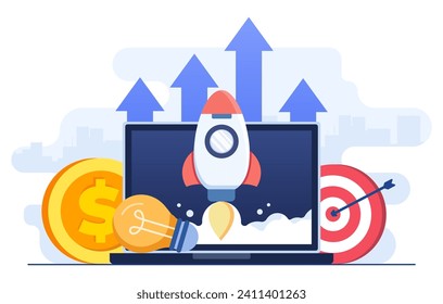 Flat vector illustration of the rocket successfully taking off from laptop screen, Startup business project, Innovation product, Creative idea, 