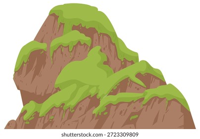 Flache Vektorgrafik eines felsigen Berghügels, der mit grünem Moos und Gras bedeckt ist. Stilisierte natürliche Klippe mit organischen Formen, einzeln auf weißem Hintergrund, perfekt für Natur, Umwelt und Spieledesign.