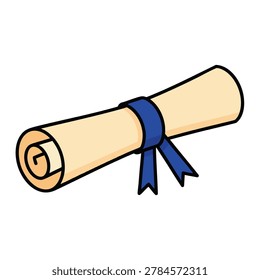 A flat vector illustration of a rolled academic diploma tied with a blue ribbon isolated on a white background