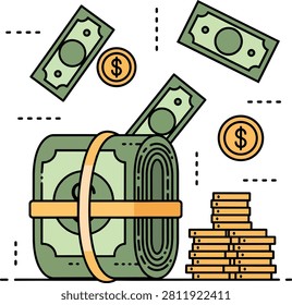 Flat Vector Illustration of Rolled Dollar Bills and Gold Coins