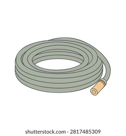A flat vector illustration of a rolled up green garden hose featuring a metallic brass nozzle end isolated on a white background.