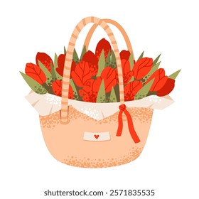 Flat vector illustration of a romantic bouquet arrangement in a wicker basket.