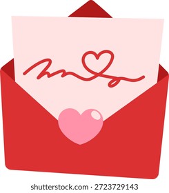 Ilustração vetor plana de um envelope romântico carta de amor com decoração do coração, ideal para mensagens de Valentim.