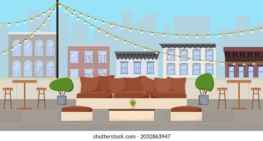 Flat vector illustration of rooftop terrace bar lounge with light bulb garlands at day time and cityscape with walk-up buildings and skyscrapers