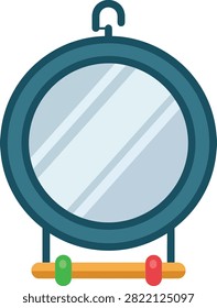 A flat vector illustration of a round bird mirror with a wooden perch and colorful beads, designed for pet bird cages.